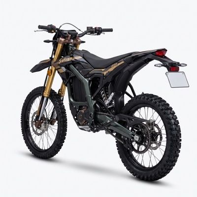 Zwarte elektrische offroadmotor met kentekenplaat en brede terreinbanden
